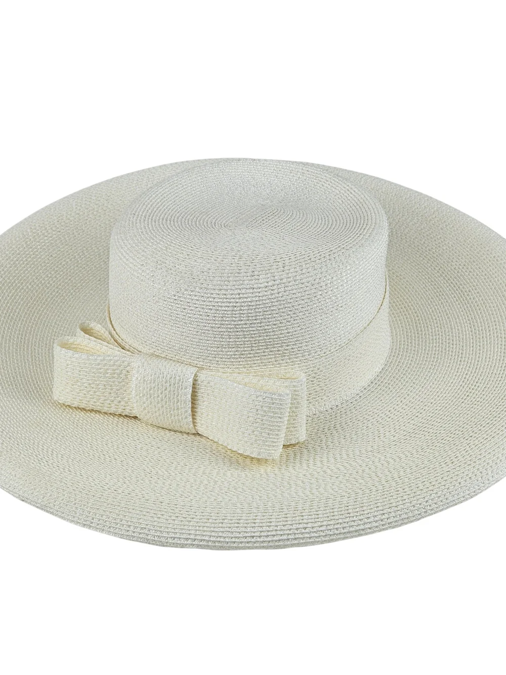 Vintage 1960s Frank Olive Women’s Ivory Wide-Brim Straw Sun Hat with Bow